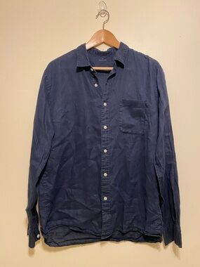 MUJI 100% Linen Classic Men's Navy Long-Sleeve Button-Up Shirt. Size L
